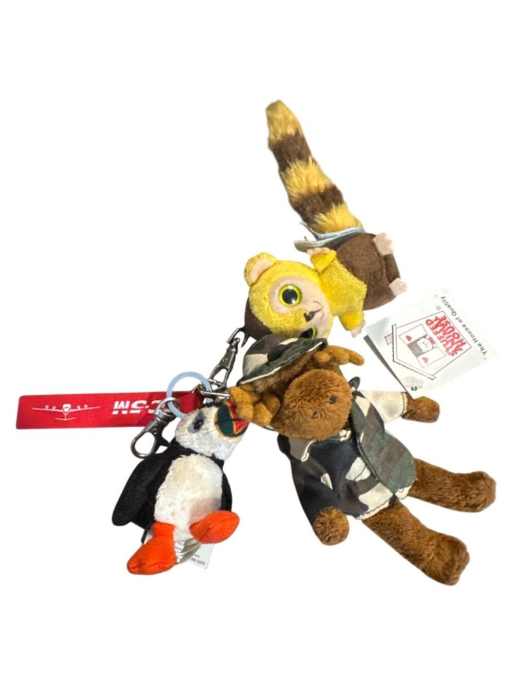 Cluster of Plush Animal Keychains Bag Charms Moose Puffin Lemur